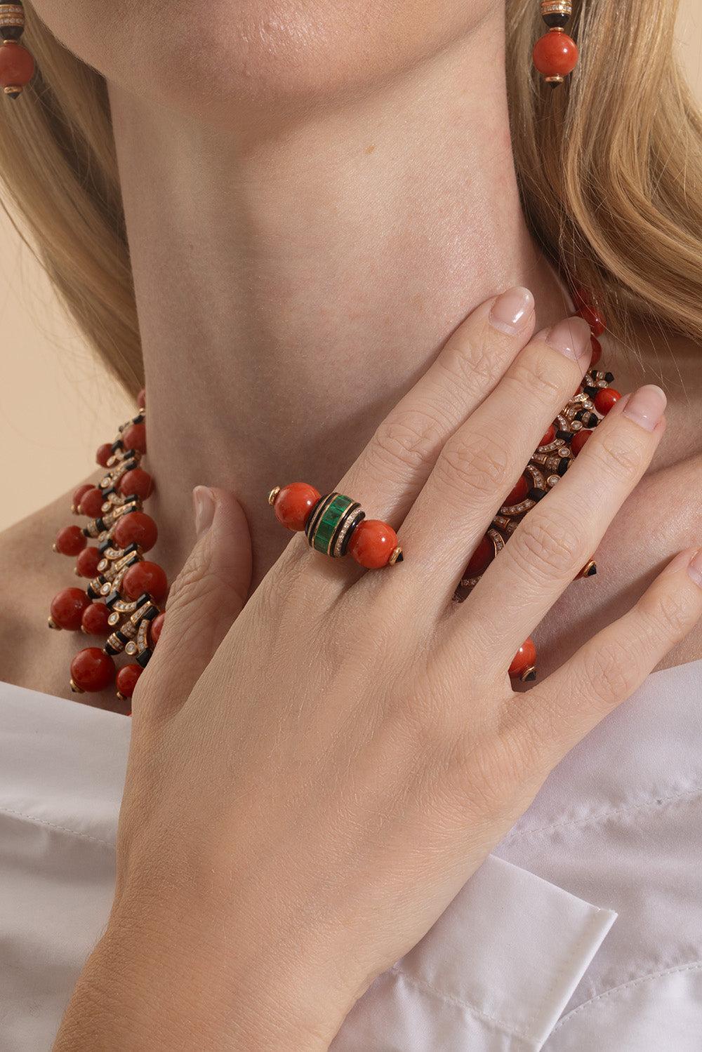 Diamond Emerald Coral Black Onyx Ring-ROSE GOLD-JEWELRYFINE JEWELRING-ANDREOLI