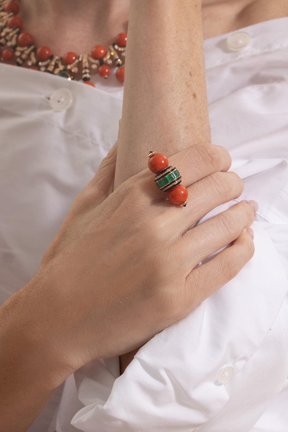 Diamond Emerald Coral Black Onyx Ring-ROSE GOLD-JEWELRYFINE JEWELRING-ANDREOLI