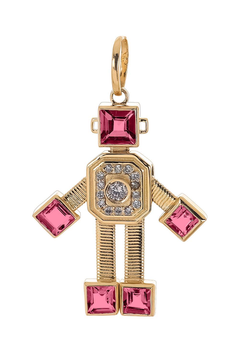 Pink Tourmaline Heart Robot Pendant-YELLOW GOLD-JEWELRYFINE JEWELPENDANT-VAN
