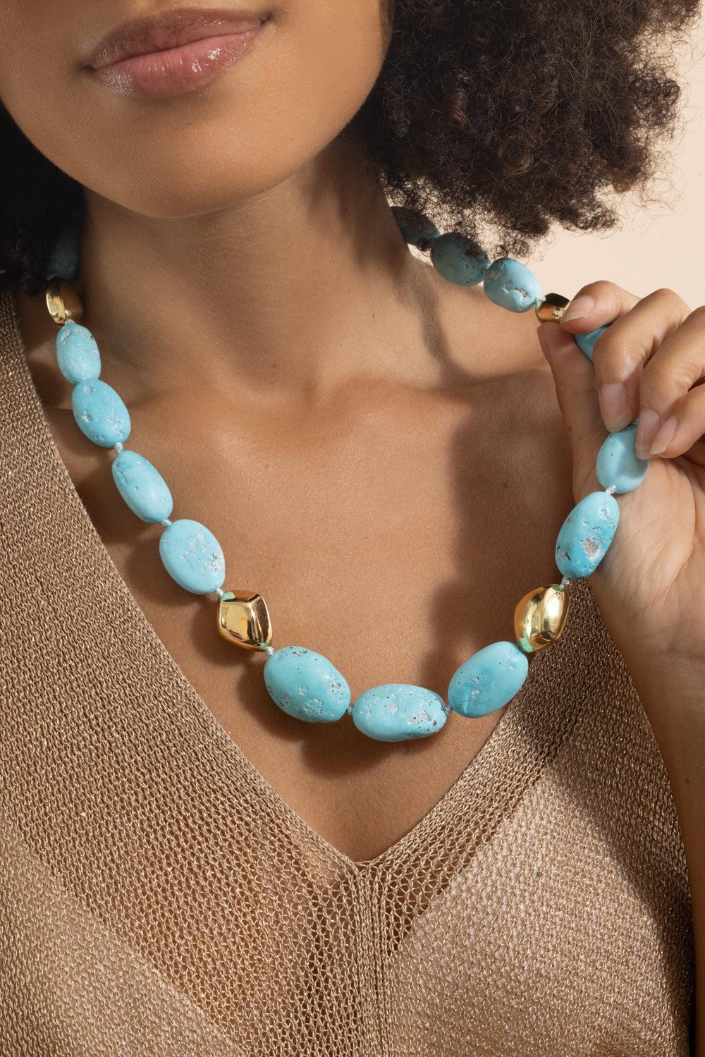 Kingman Turquoise Large Beaded Necklace-YELLOW GOLD-JEWELRYFINE JEWELNECKLACE O-VICTOR VELYAN