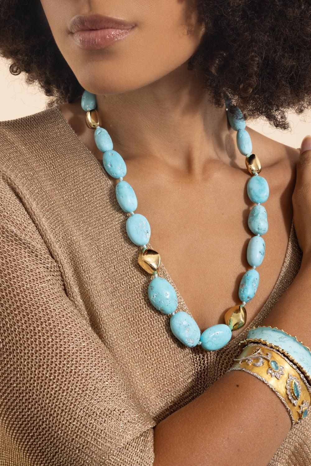 Kingman Turquoise Large Beaded Necklace-YELLOW GOLD-JEWELRYFINE JEWELNECKLACE O-VICTOR VELYAN