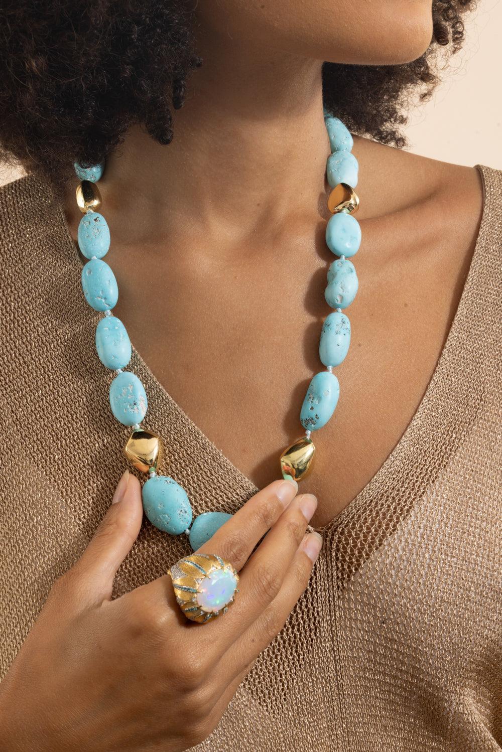 Kingman Turquoise Large Beaded Necklace-YELLOW GOLD-JEWELRYFINE JEWELNECKLACE O-VICTOR VELYAN