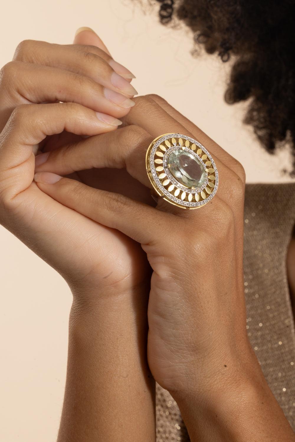 Green Quartz Diamond Halo Ring-YELLOW GOLD-6.5-JEWELRYFINE JEWELRING-LISA NIK