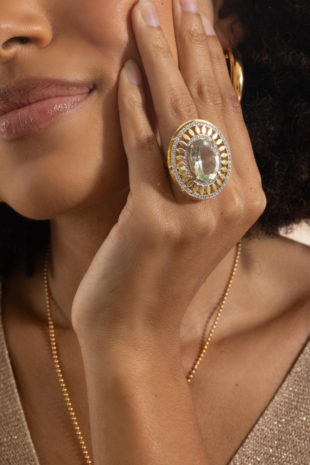 Green Quartz Diamond Halo Ring-YELLOW GOLD-6.5-JEWELRYFINE JEWELRING-LISA NIK