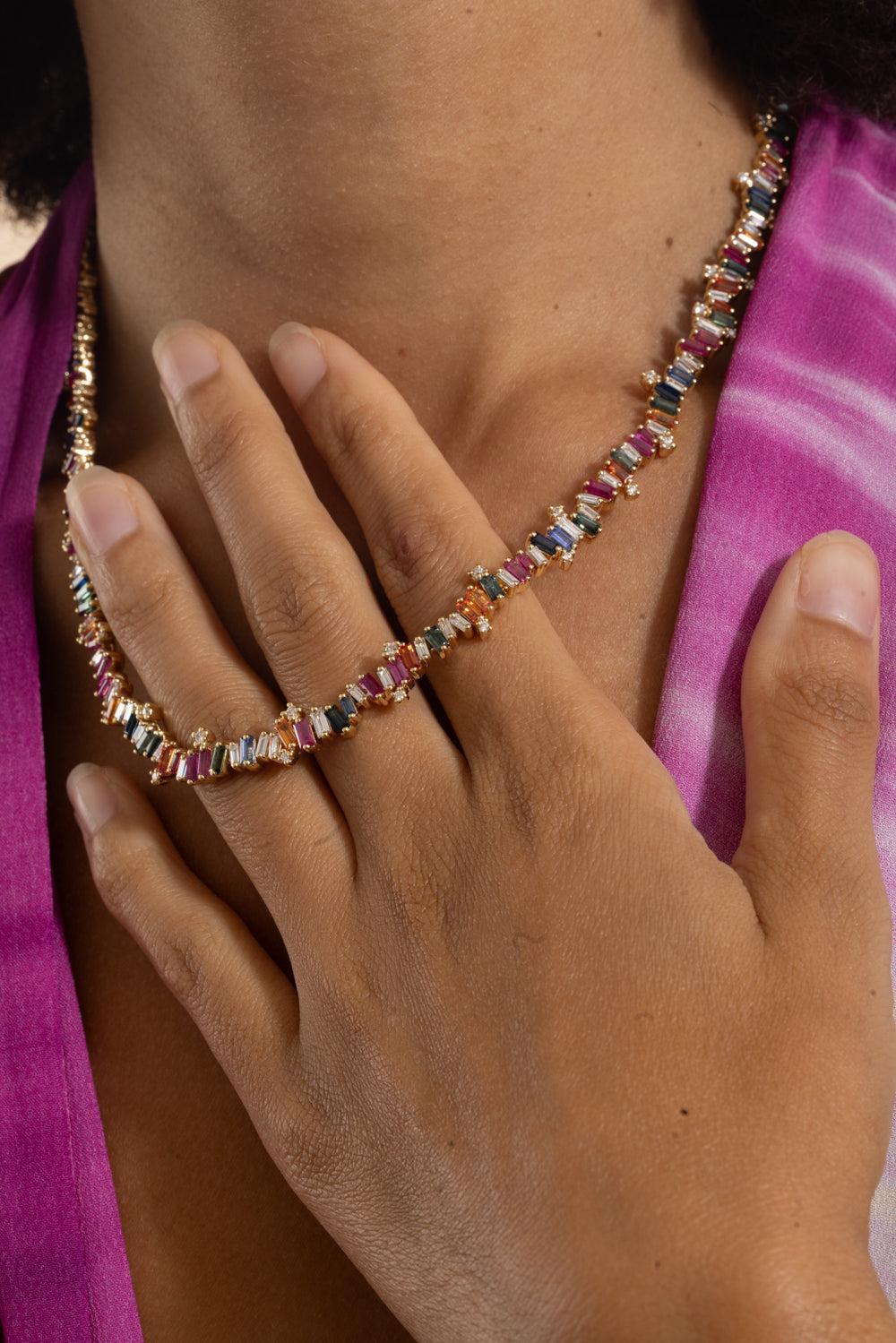 Rainbow Firework Diamond Tennis Necklace-YELLOW GOLD-17-JEWELRYFINE JEWELNECKLACE O-SUZANNE KALAN