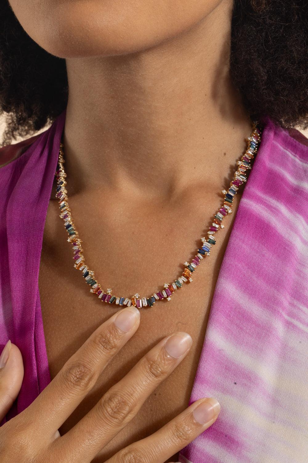 Rainbow Firework Diamond Tennis Necklace-YELLOW GOLD-17-JEWELRYFINE JEWELNECKLACE O-SUZANNE KALAN