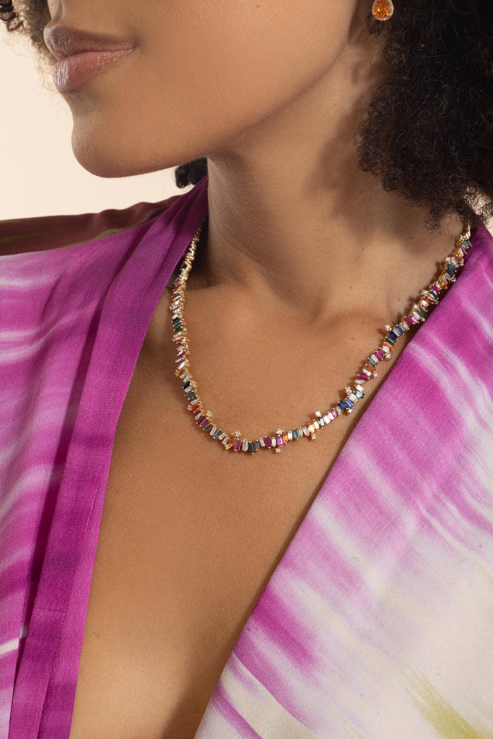 Rainbow Firework Diamond Tennis Necklace-YELLOW GOLD-17-JEWELRYFINE JEWELNECKLACE O-SUZANNE KALAN