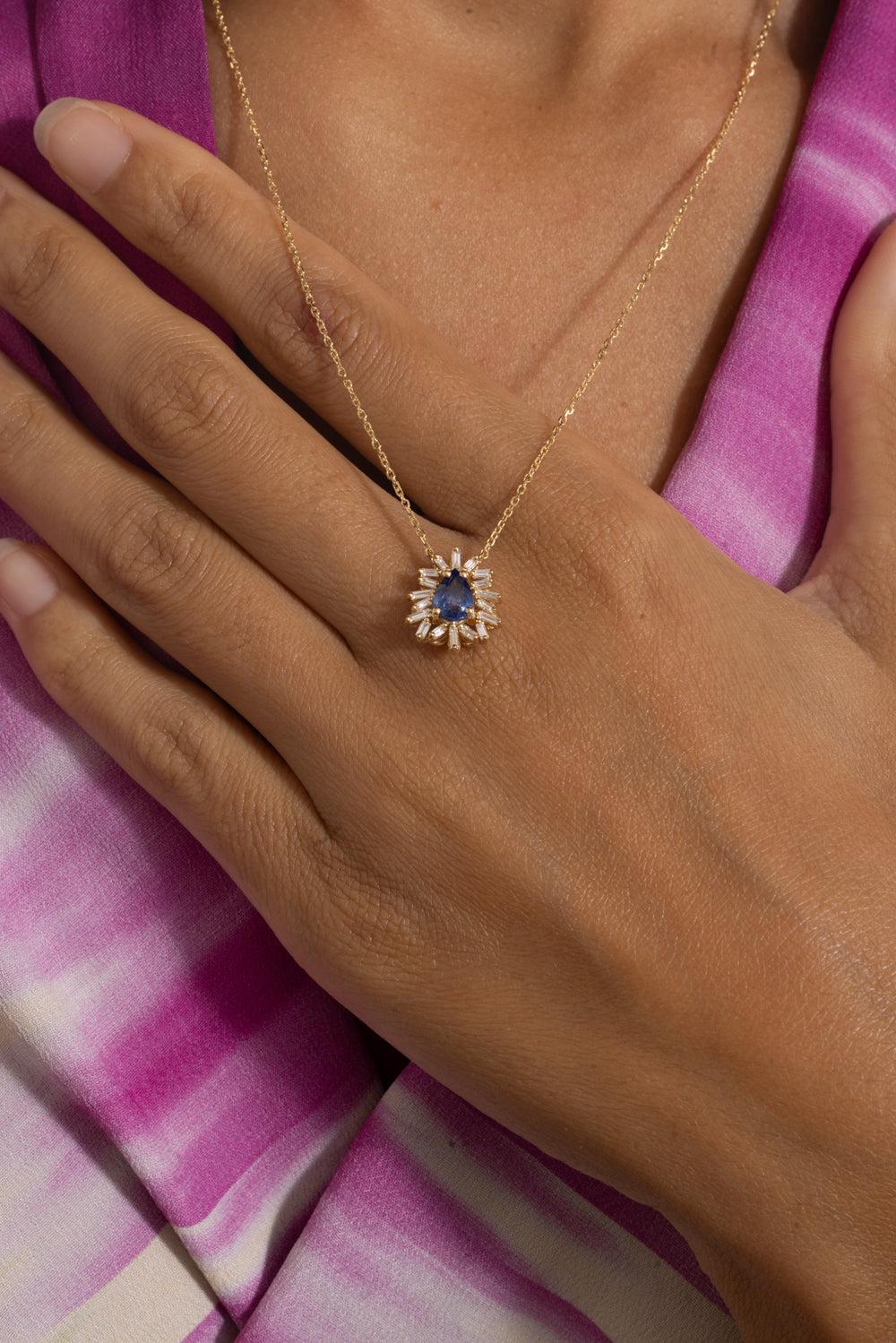 Blue Sapphire Diamond Pendant Necklace-YELLOW GOLD-18-JEWELRYFINE JEWELNECKLACE O-SUZANNE KALAN