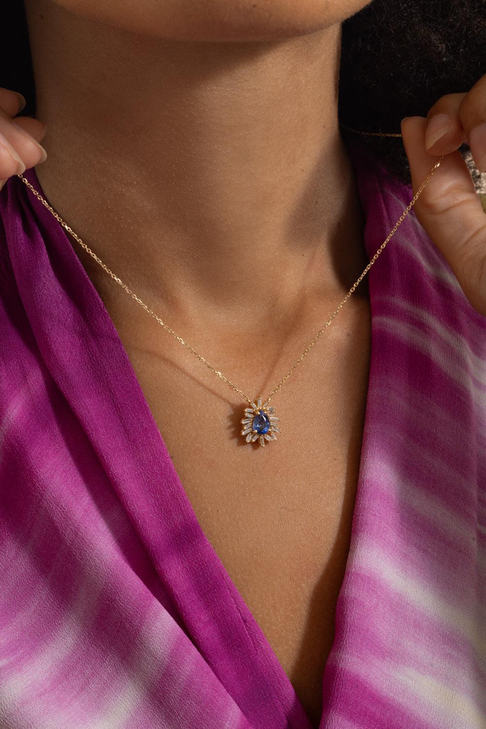 Blue Sapphire Diamond Pendant Necklace-YELLOW GOLD-18-JEWELRYFINE JEWELNECKLACE O-SUZANNE KALAN