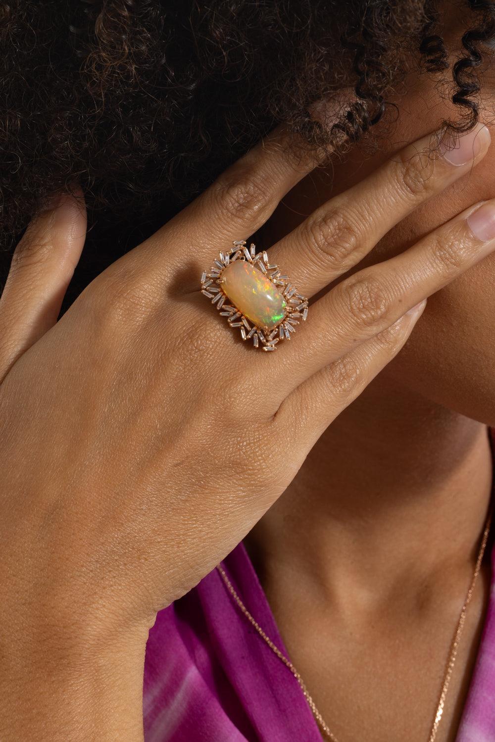 Diamond Baguette Fire Opal Ring-ROSE GOLD-7-JEWELRYFINE JEWELRING-SUZANNE KALAN