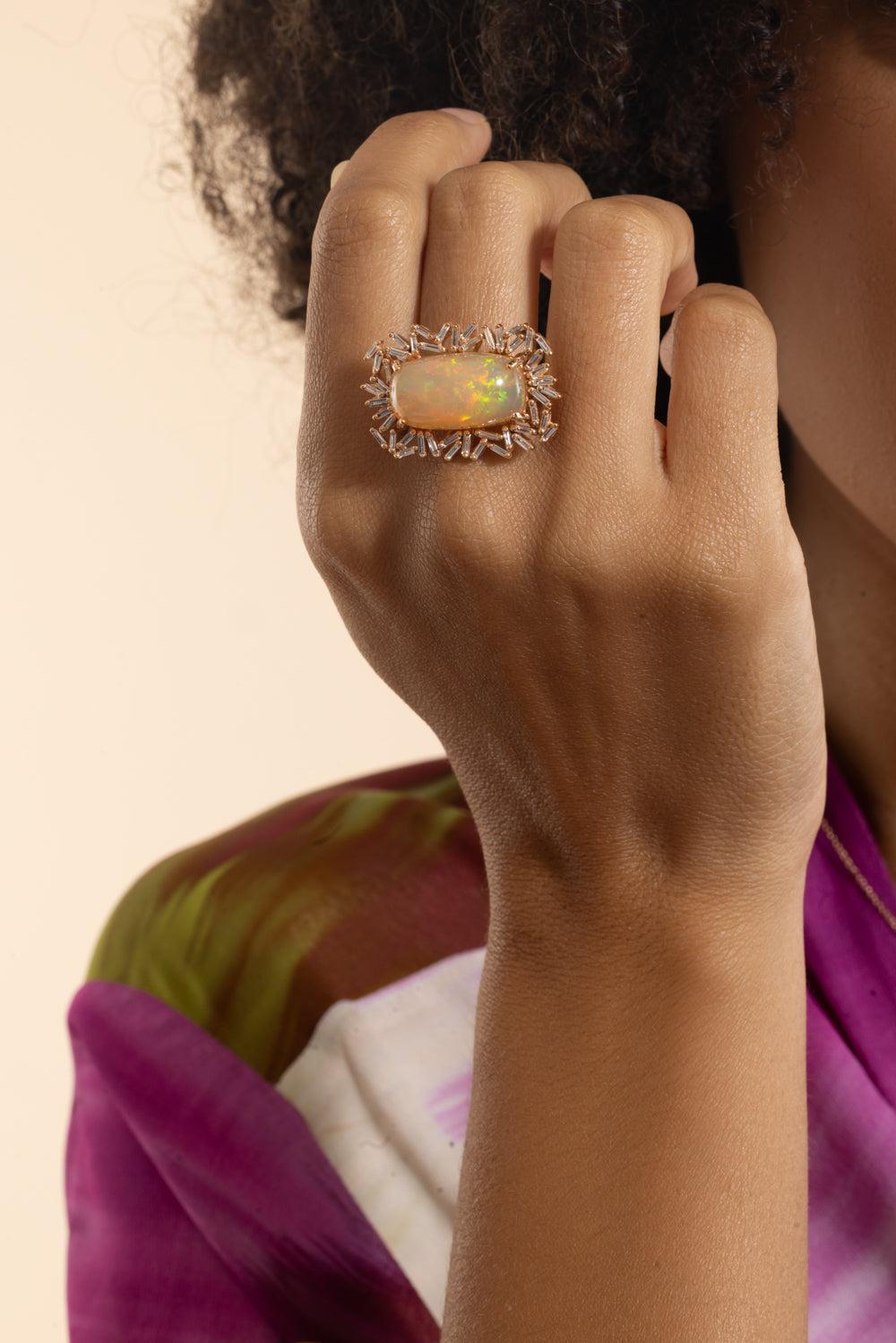 Diamond Baguette Fire Opal Ring-ROSE GOLD-7-JEWELRYFINE JEWELRING-SUZANNE KALAN