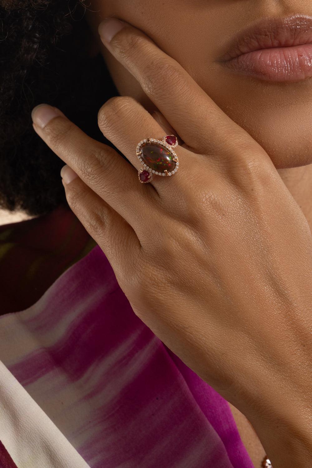 Opal Ruby Diamond Halo Ring-ROSE GOLD-7-JEWELRYFINE JEWELRING-SUZANNE KALAN