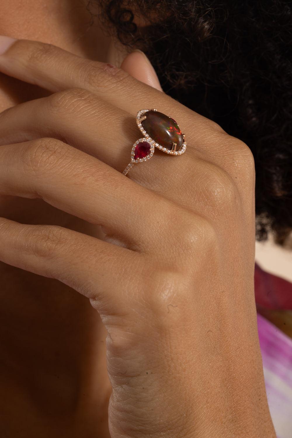 Opal Ruby Diamond Halo Ring-ROSE GOLD-7-JEWELRYFINE JEWELRING-SUZANNE KALAN