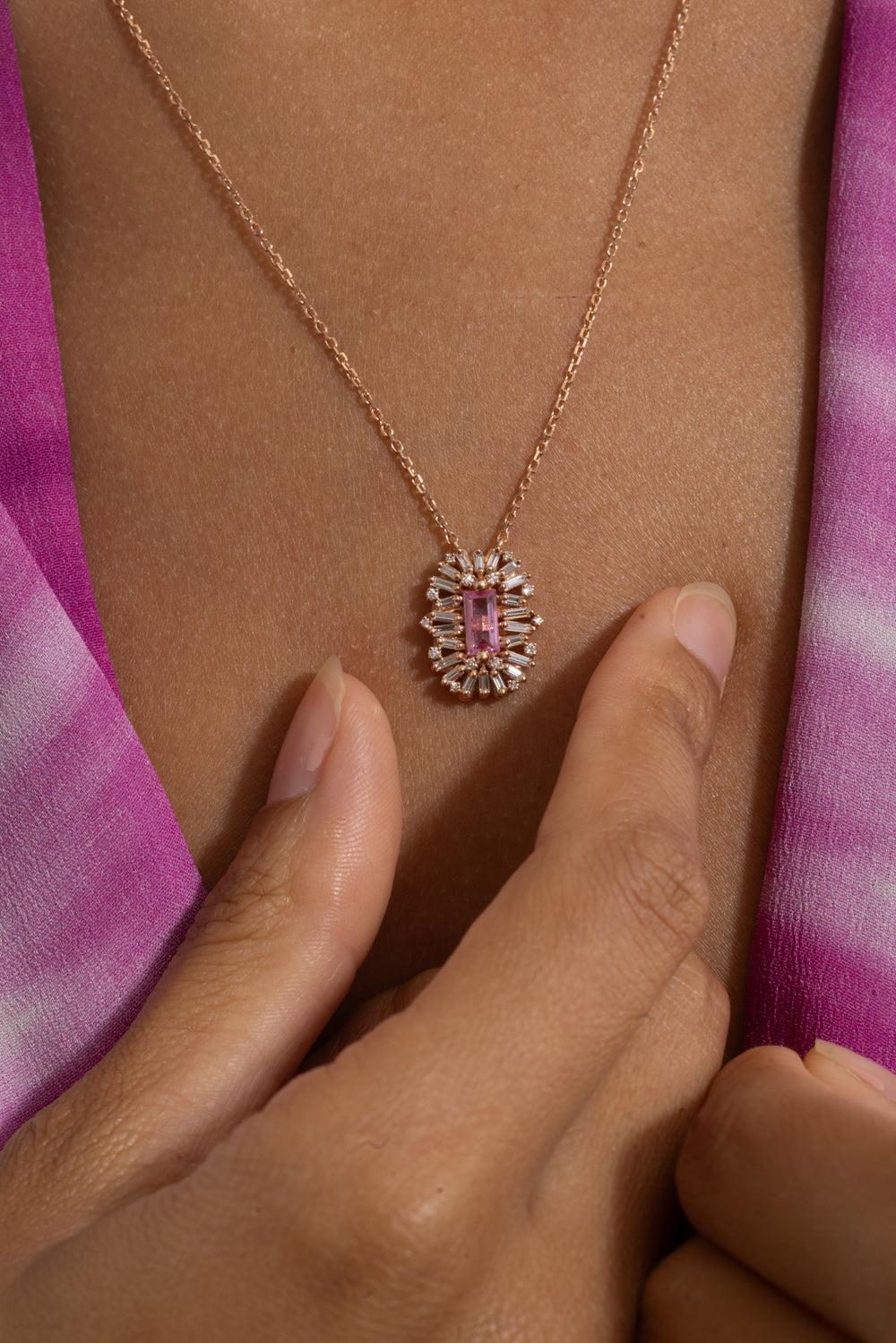 Pink Sapphire Diamond Spark Pendant Necklace-ROSE GOLD-18-JEWELRYFINE JEWELNECKLACE O-SUZANNE KALAN