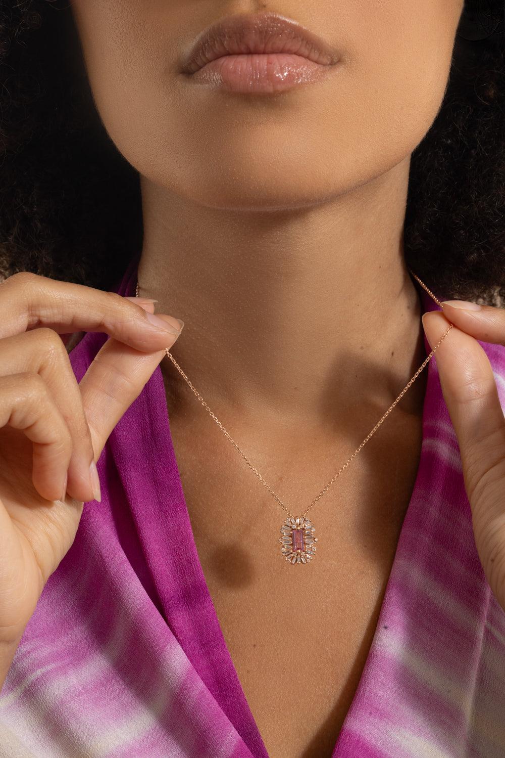 Pink Sapphire Diamond Spark Pendant Necklace-ROSE GOLD-18-JEWELRYFINE JEWELNECKLACE O-SUZANNE KALAN