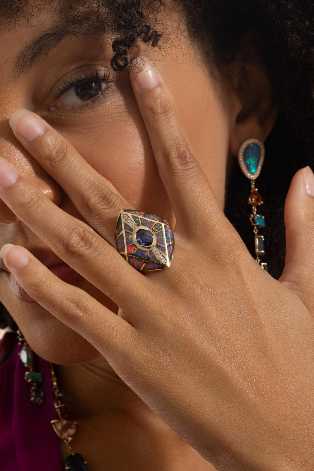 Red Opal Inlay Kite Shield Ring-YELLOW GOLD-7.5-JEWELRYFINE JEWELRING-JACQUIE AICHE