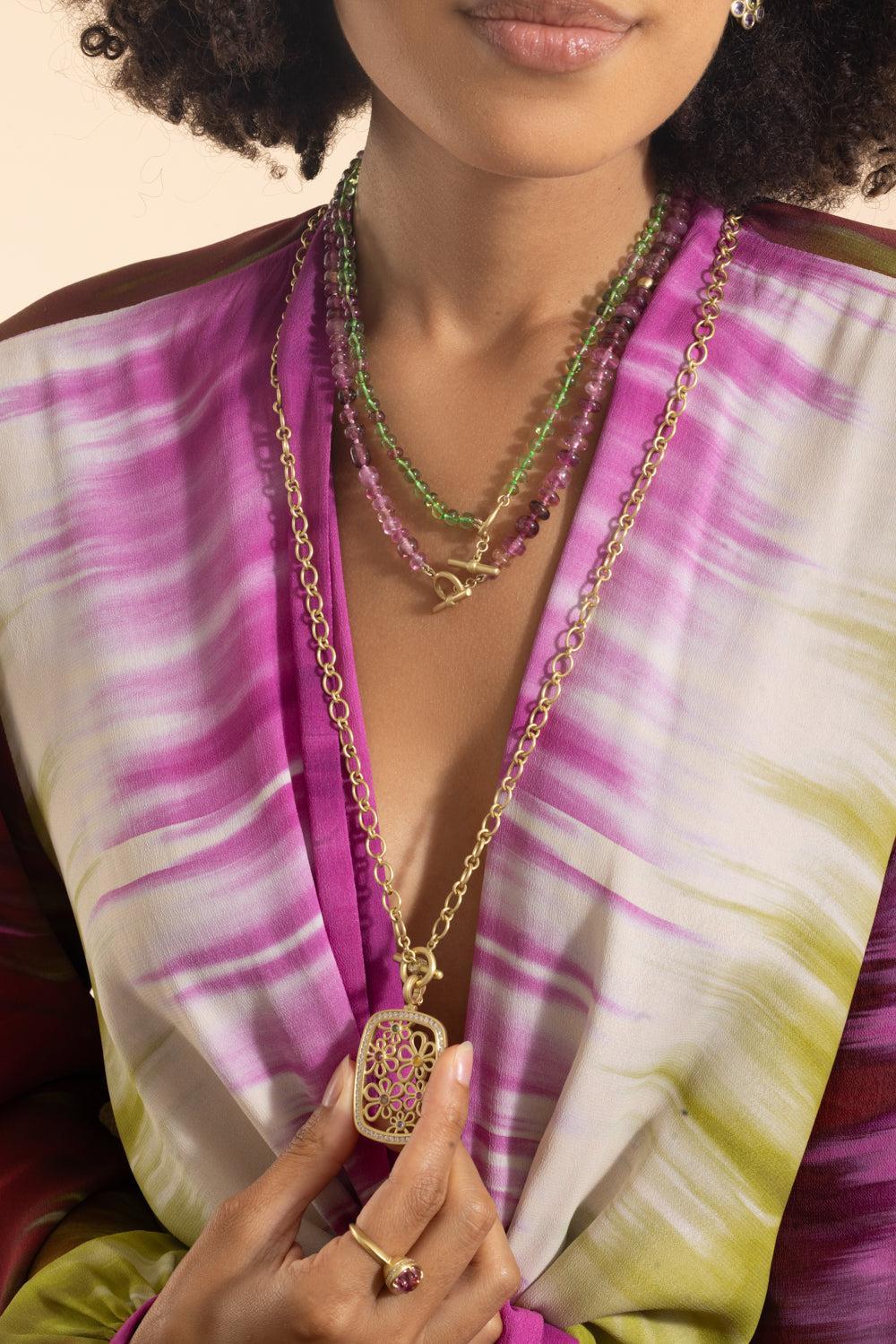 Multi Sapphire Diamond Flora Frame Pendant-YELLOW GOLD-JEWELRYFINE JEWELPENDANT-LEIGH MAXWELL