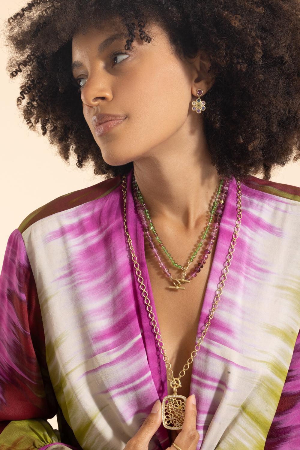 Multi Sapphire Diamond Flora Frame Pendant-YELLOW GOLD-JEWELRYFINE JEWELPENDANT-LEIGH MAXWELL