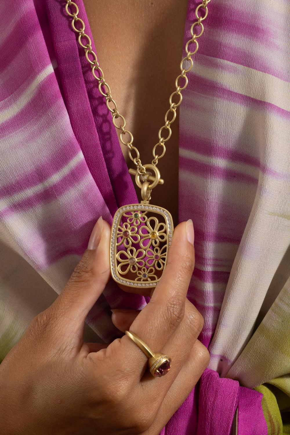 Multi Sapphire Diamond Flora Frame Pendant-YELLOW GOLD-JEWELRYFINE JEWELPENDANT-LEIGH MAXWELL