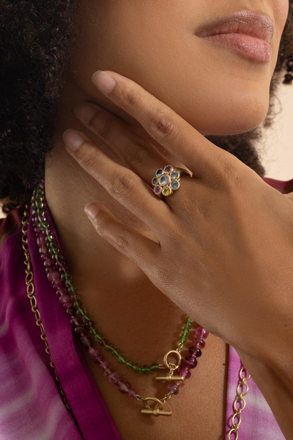 Multi Sapphire Flower Ring-YELLOW GOLD-7.5-JEWELRYFINE JEWELRING-LEIGH MAXWELL