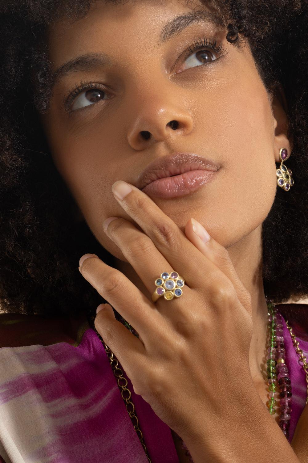 Multi Sapphire Flower Ring-YELLOW GOLD-7.5-JEWELRYFINE JEWELRING-LEIGH MAXWELL