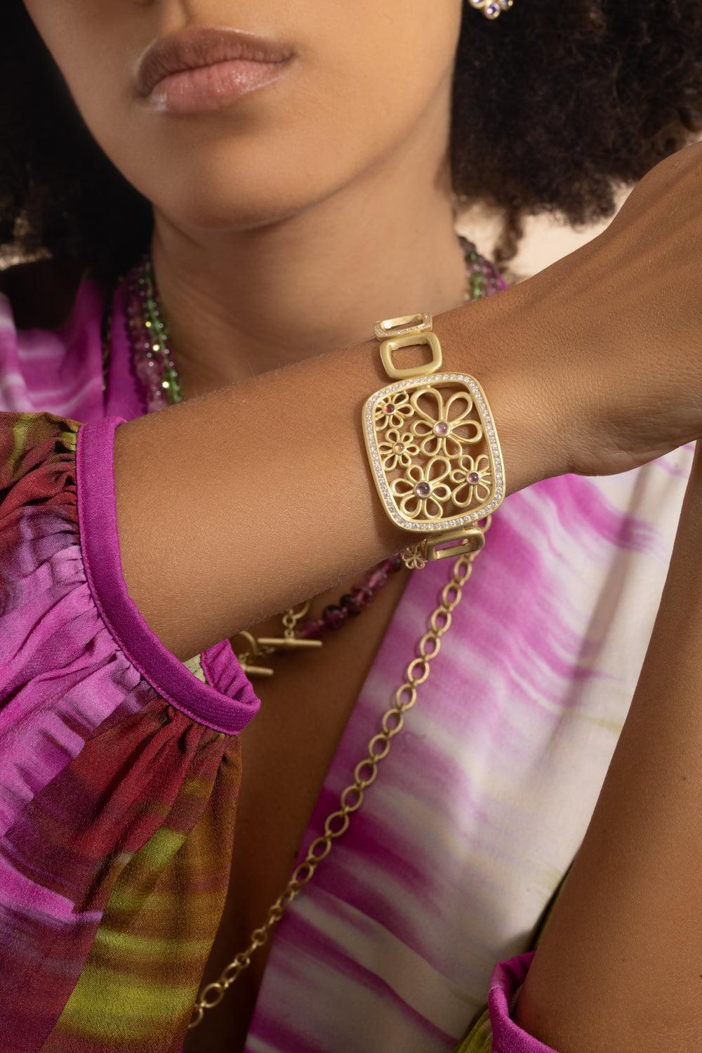 Pink Sapphire Flora Frame Bracelet-YELLOW GOLD-8.5-JEWELRYFINE JEWELBRACELET O-LEIGH MAXWELL