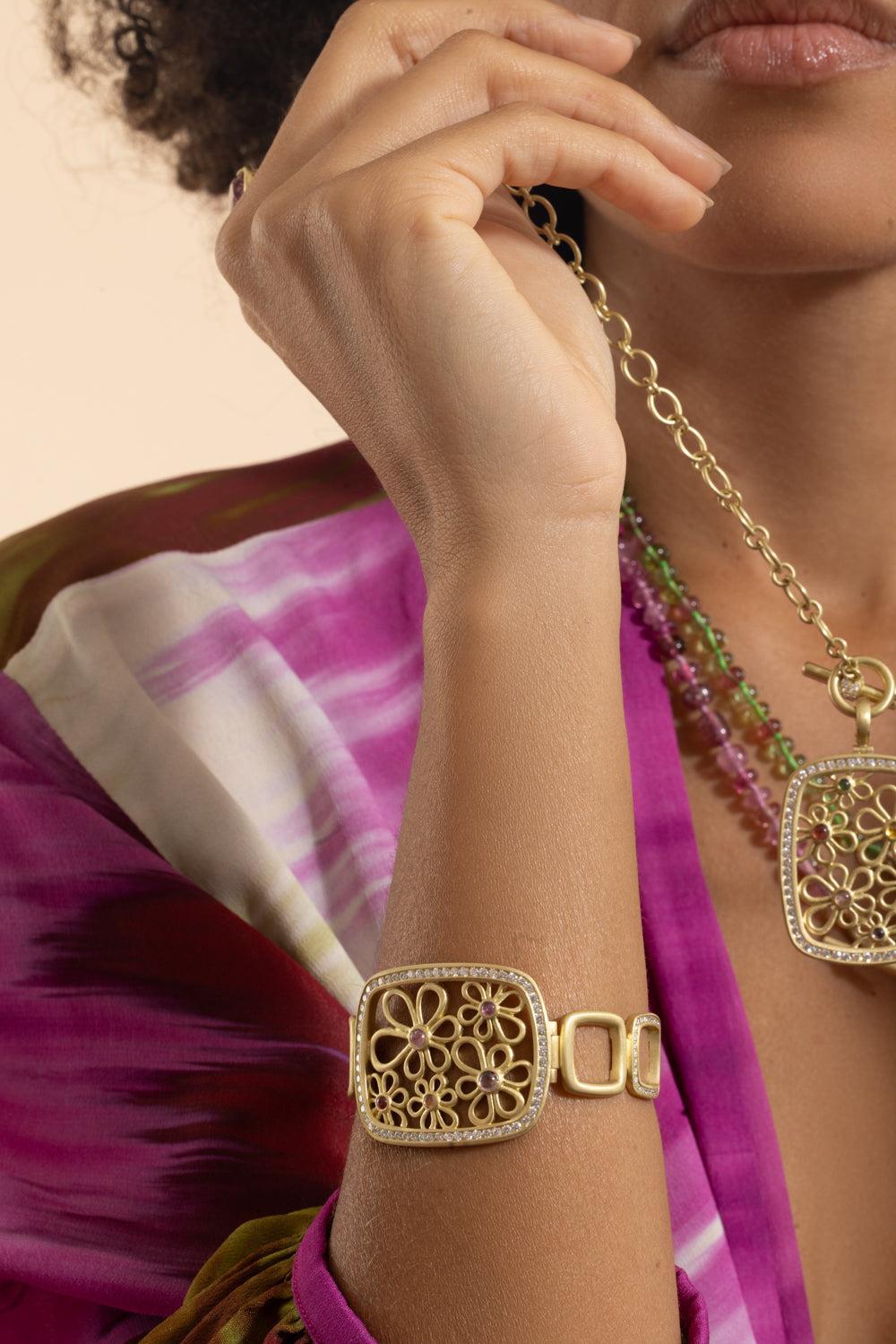 Pink Sapphire Flora Frame Bracelet-YELLOW GOLD-8.5-JEWELRYFINE JEWELBRACELET O-LEIGH MAXWELL