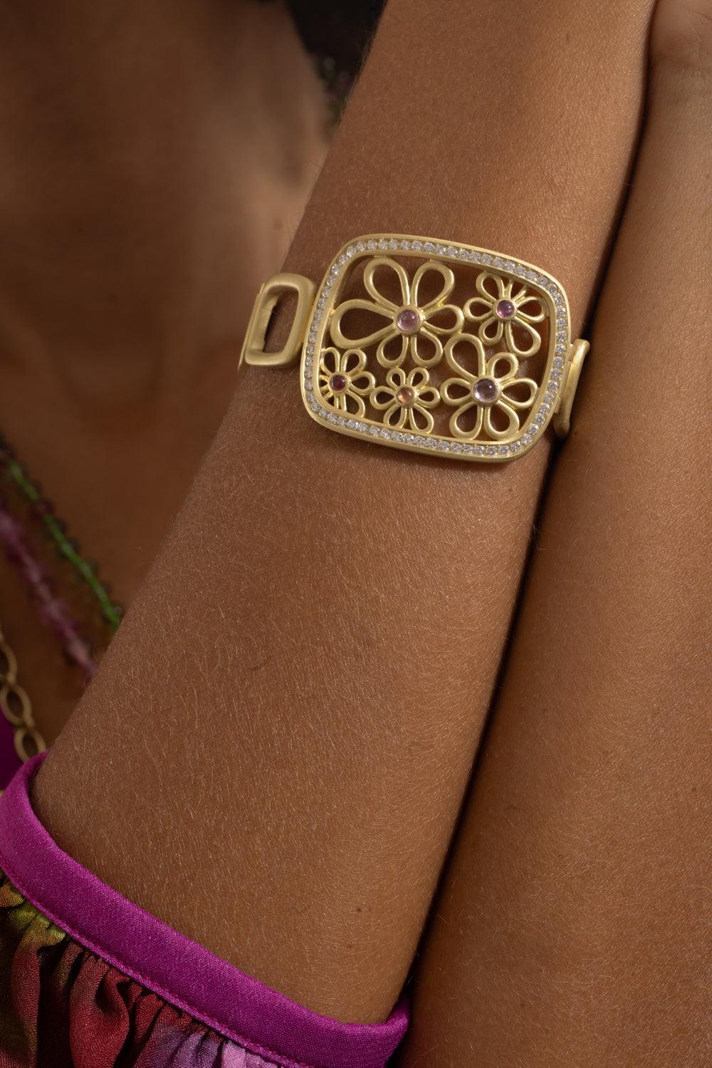 Pink Sapphire Flora Frame Bracelet-YELLOW GOLD-8.5-JEWELRYFINE JEWELBRACELET O-LEIGH MAXWELL