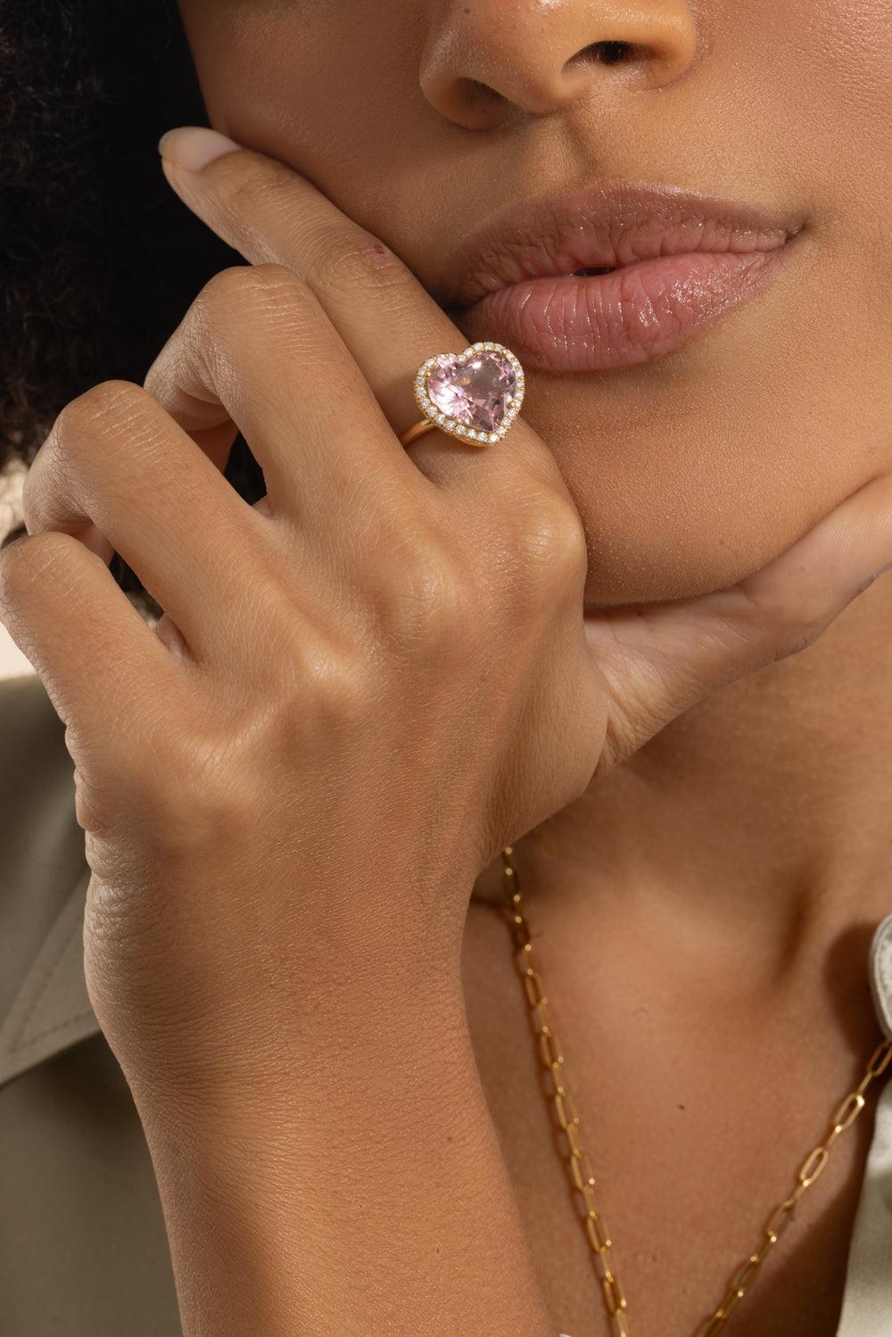 Pink Tourmaline Diamond Heart Ring-YELLOW GOLD-5.5-JEWELRYFINE JEWELRING-LISA NIK