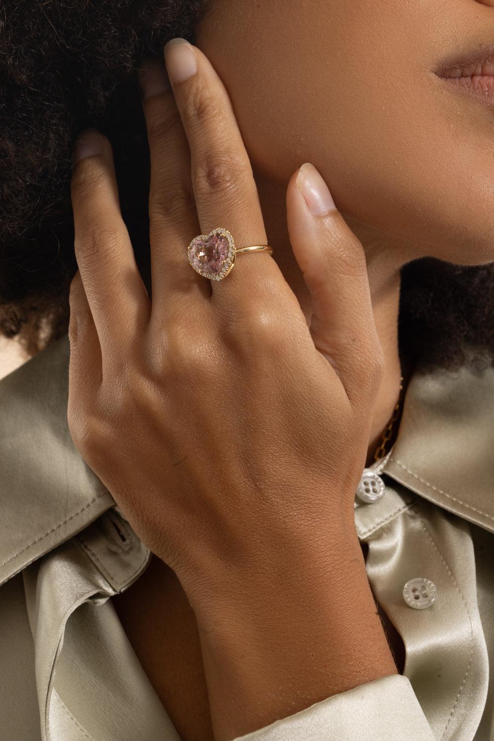 Pink Tourmaline Diamond Heart Ring-YELLOW GOLD-5.5-JEWELRYFINE JEWELRING-LISA NIK