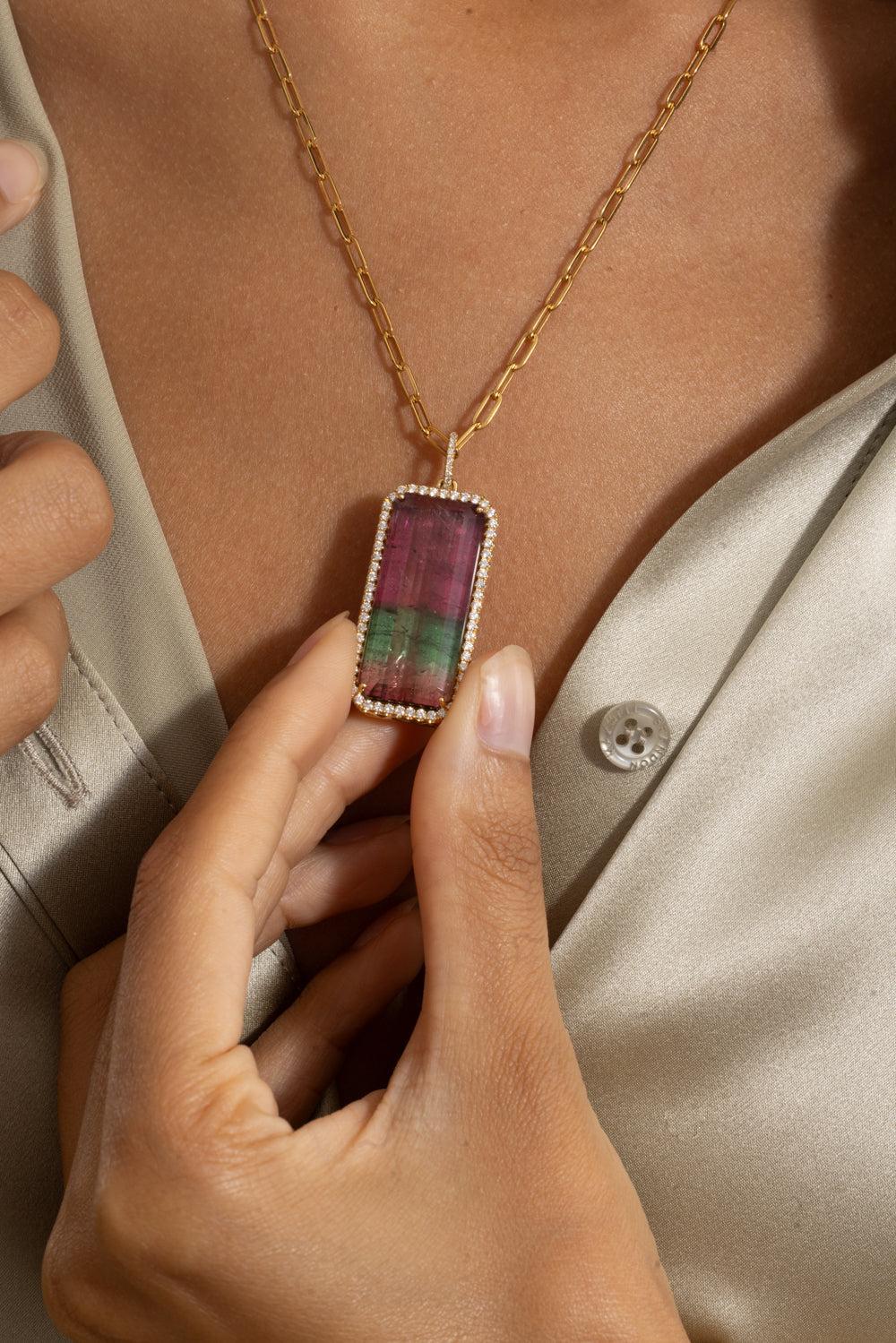 Watermelon Tourmaline Diamond Necklace-YELLOW GOLD-JEWELRYFINE JEWELNECKLACE O-LISA NIK