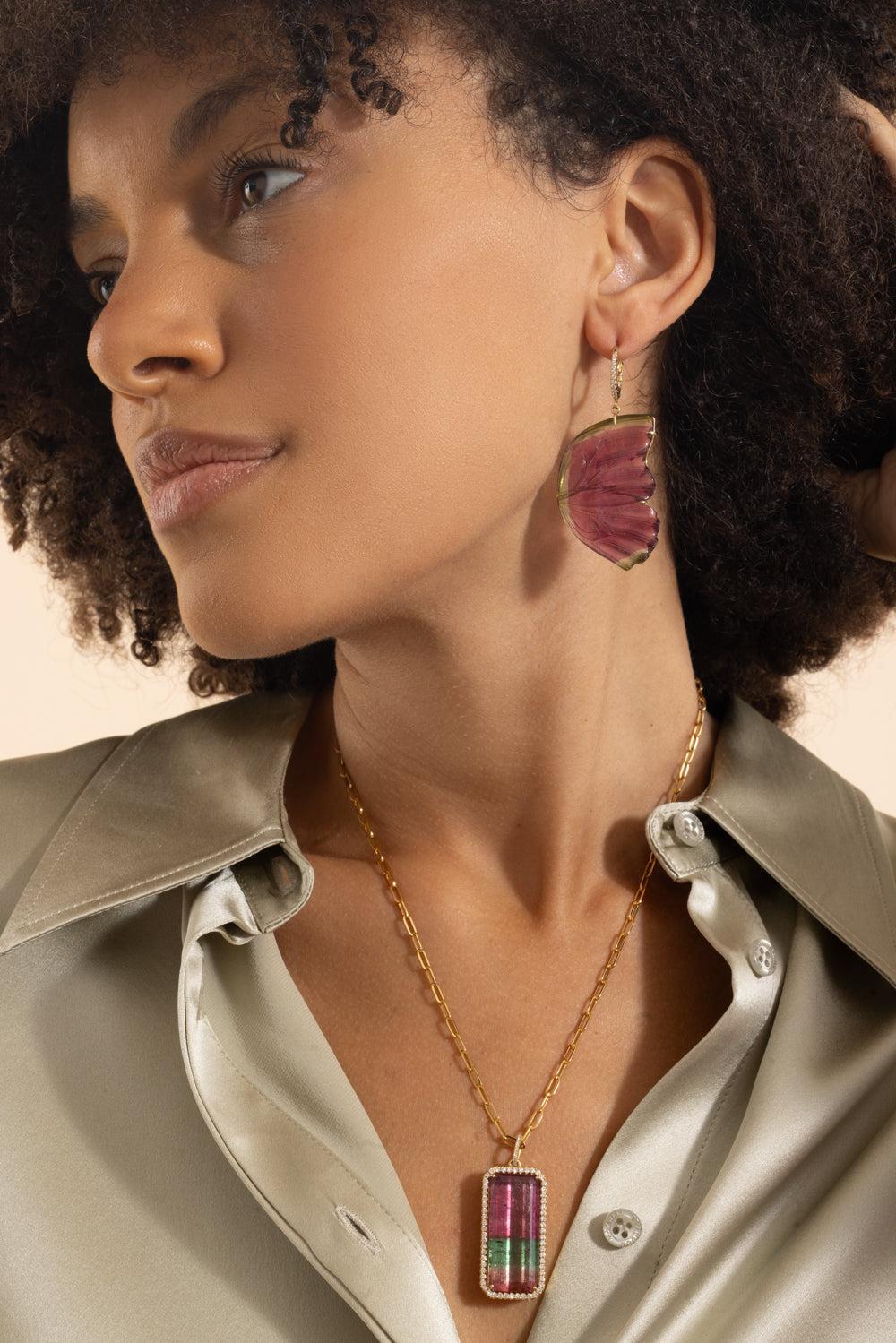 Watermelon Tourmaline Butterfly Drop Earrings-YELLOW GOLD-JEWELRYFINE JEWELEARRING-LISA NIK