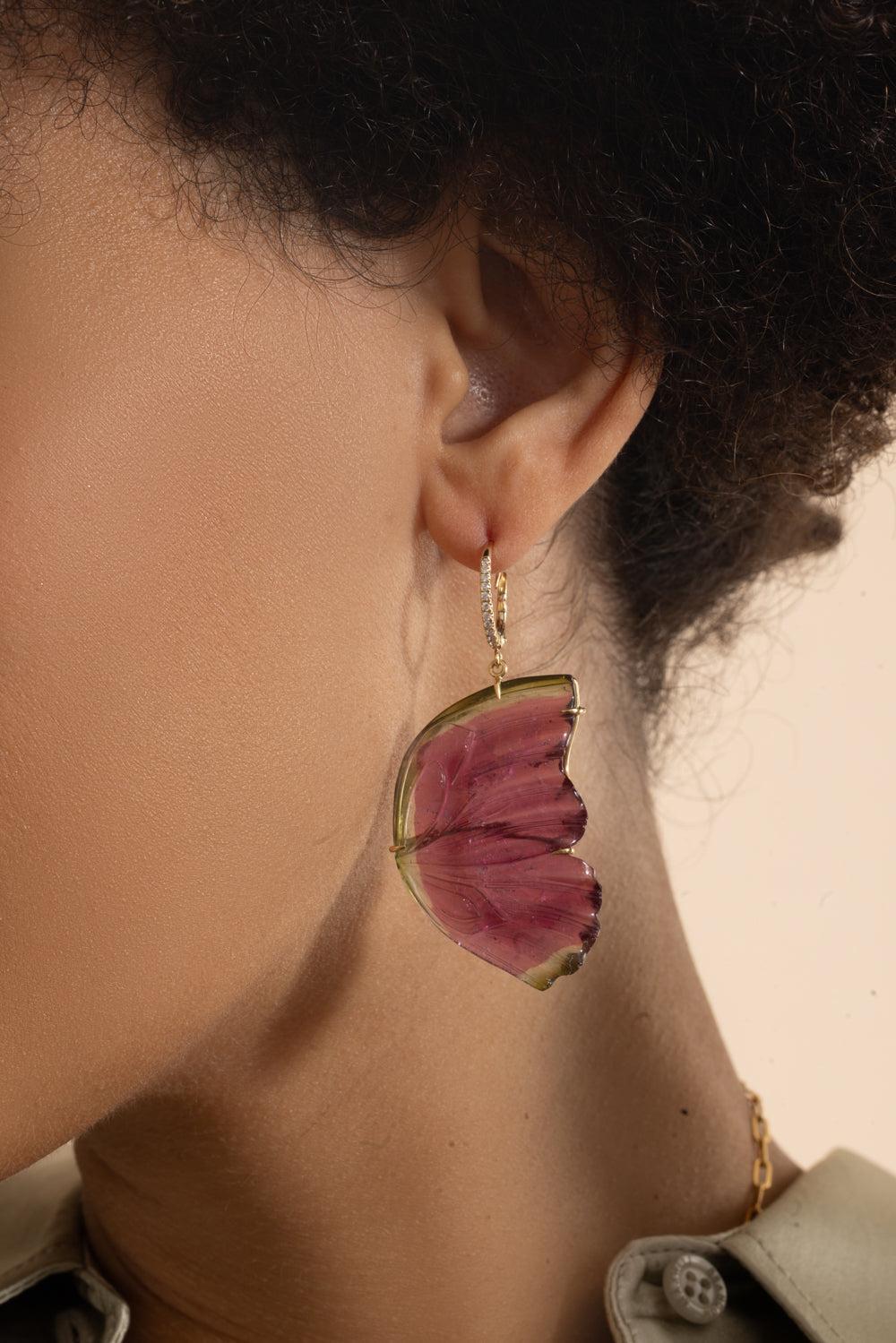 Watermelon Tourmaline Butterfly Drop Earrings-YELLOW GOLD-JEWELRYFINE JEWELEARRING-LISA NIK