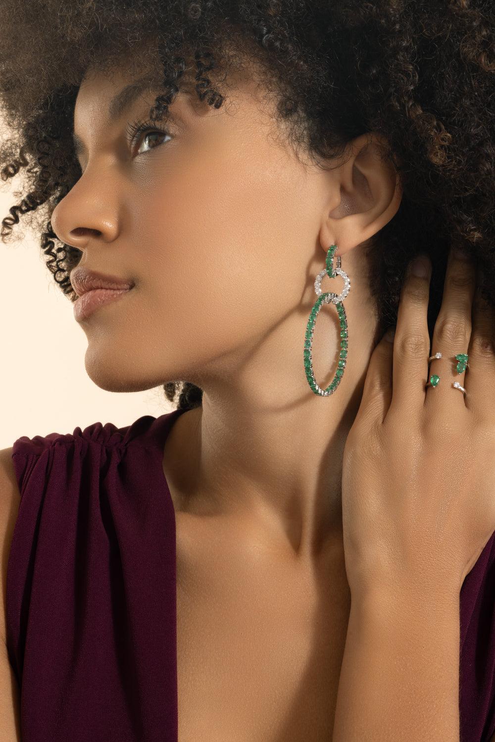 Emerald Diamond Drop Hoop Earrings-WHITE GOLD-JEWELRYFINE JEWELEARRING-STEFERE