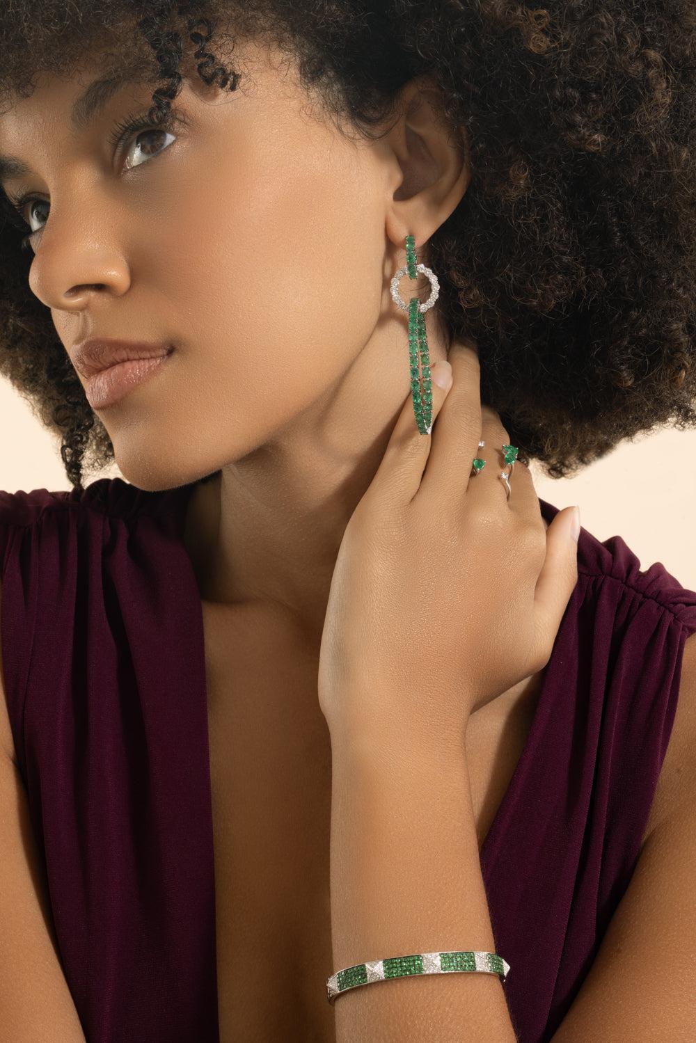 Emerald Diamond Drop Hoop Earrings-WHITE GOLD-JEWELRYFINE JEWELEARRING-STEFERE