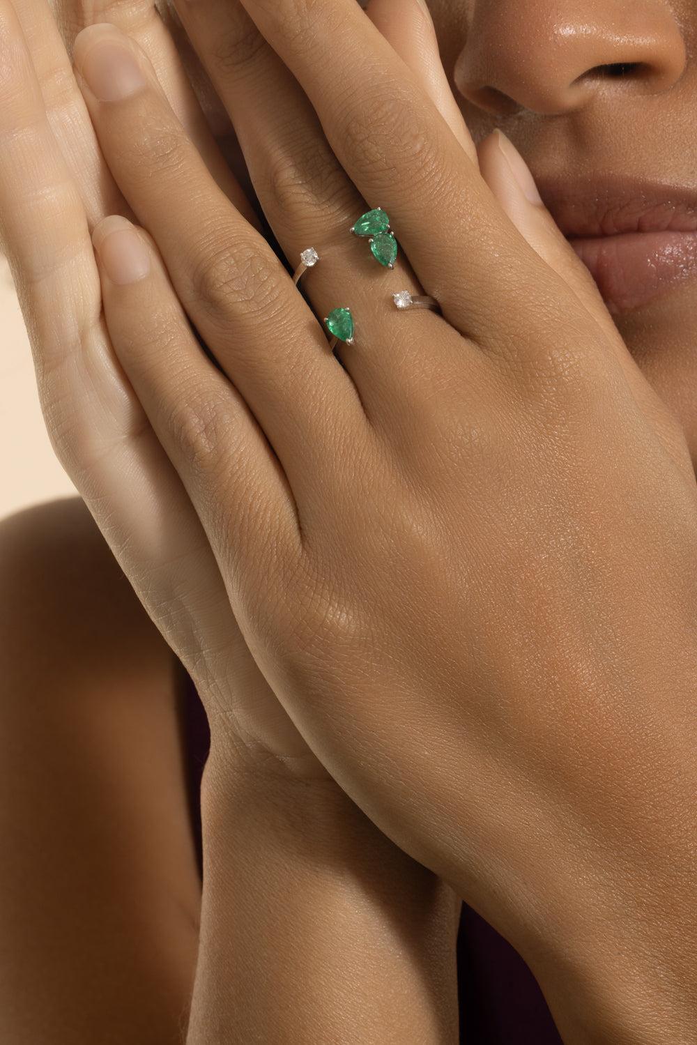 Emerald Diamond Open Ring-WHITE GOLD-7-JEWELRYFINE JEWELRING-STEFERE