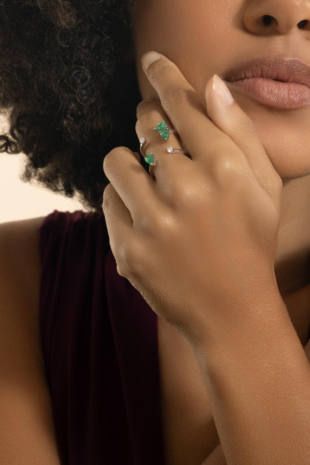 Emerald Diamond Open Ring-WHITE GOLD-7-JEWELRYFINE JEWELRING-STEFERE