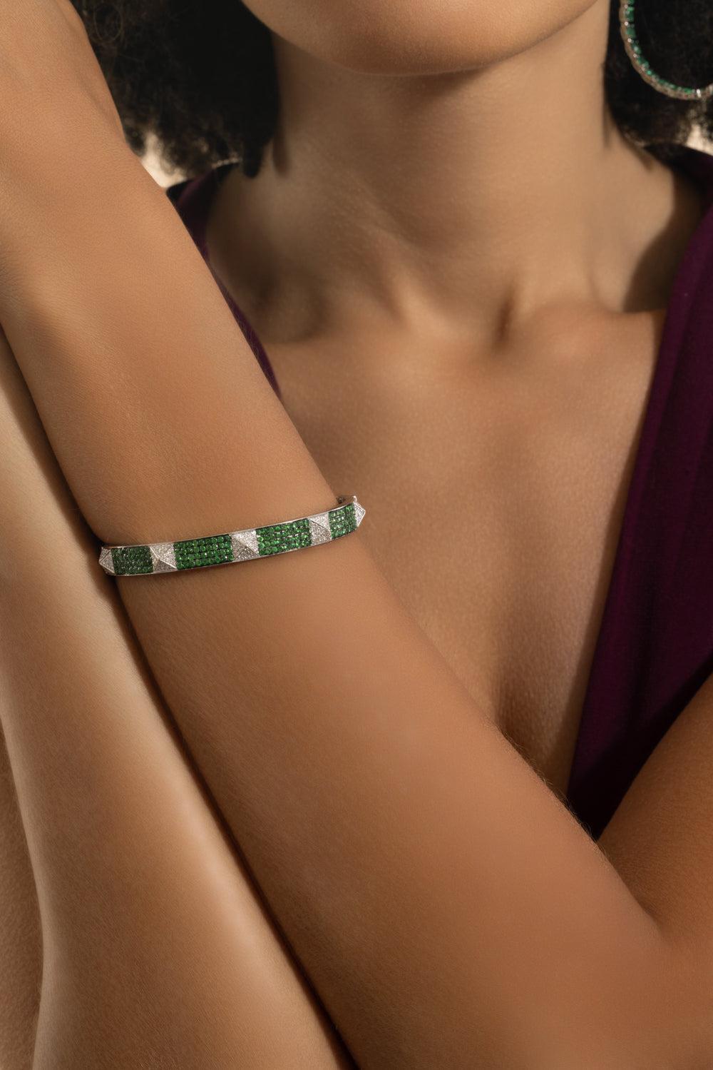 Diamond Tsavorite Spike Bangle Bracelet-WHITE GOLD-JEWELRYFINE JEWELBRACELET O-STEFERE