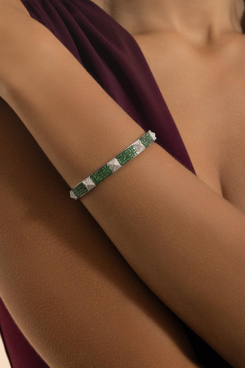 Diamond Tsavorite Spike Bangle Bracelet-WHITE GOLD-JEWELRYFINE JEWELBRACELET O-STEFERE