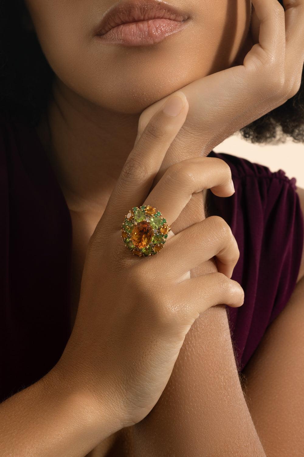 Green Garnet Citrine Dome Ring-YELLOW GOLD-7-JEWELRYFINE JEWELRING-STEFERE