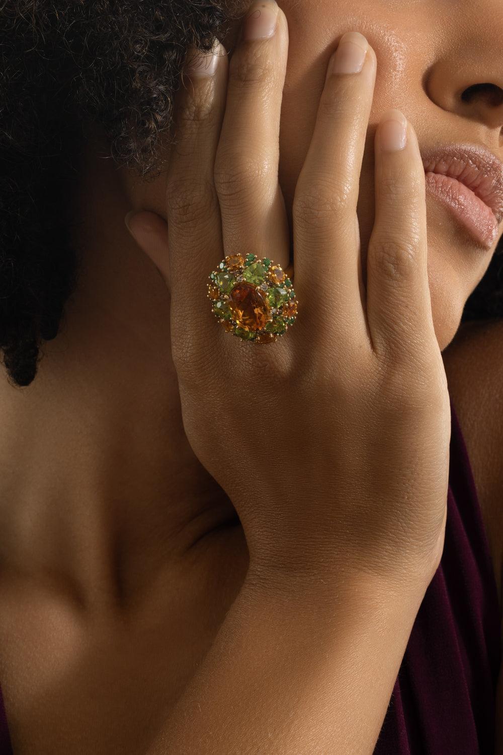 Green Garnet Citrine Dome Ring-YELLOW GOLD-7-JEWELRYFINE JEWELRING-STEFERE