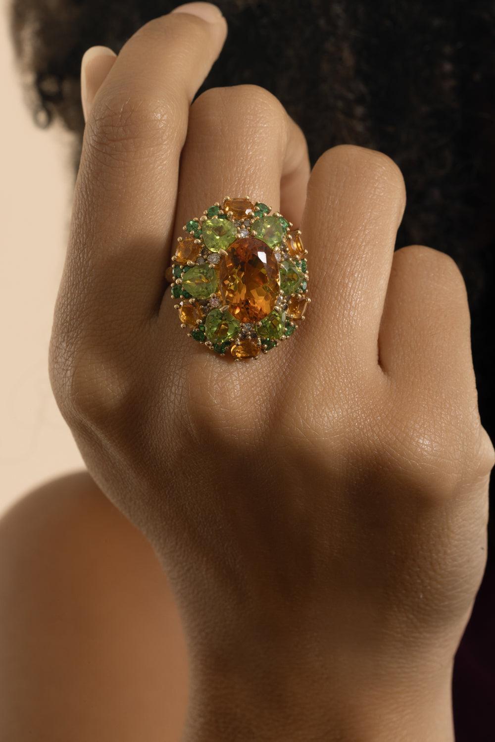 Green Garnet Citrine Dome Ring-YELLOW GOLD-7-JEWELRYFINE JEWELRING-STEFERE