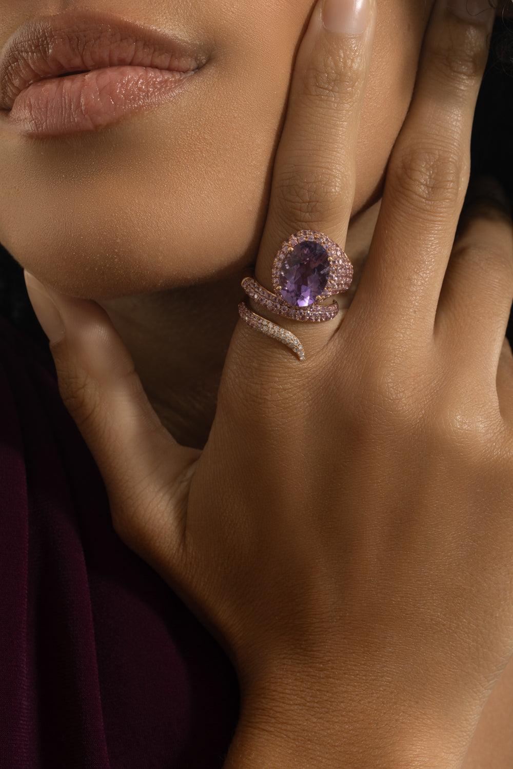 Purple Sapphire Diamond Amethyst Spiral Ring-ROSE GOLD-7.5-JEWELRYFINE JEWELRING-STEFERE