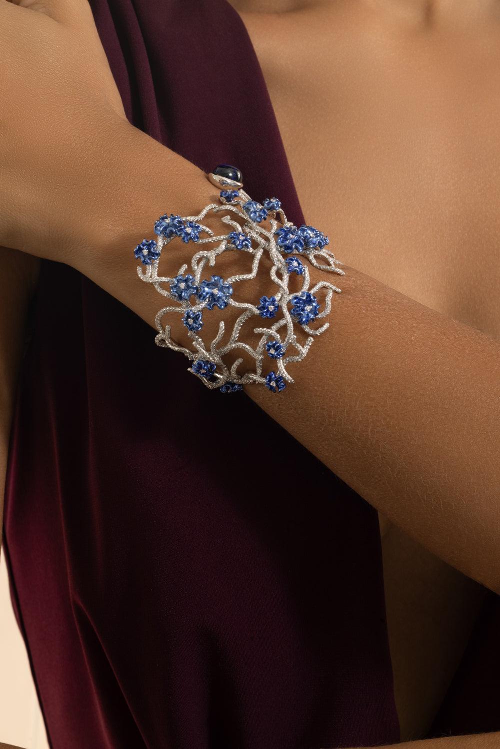Tanzanite Diamond Floral Annali Cuff Bracelet-WHITE GOLD-JEWELRYFINE JEWELBRACELET O-NEHA DANI