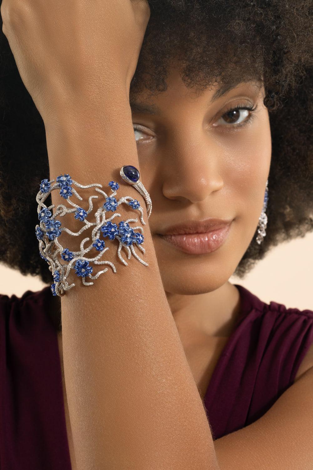 Tanzanite Diamond Floral Annali Cuff Bracelet-WHITE GOLD-JEWELRYFINE JEWELBRACELET O-NEHA DANI