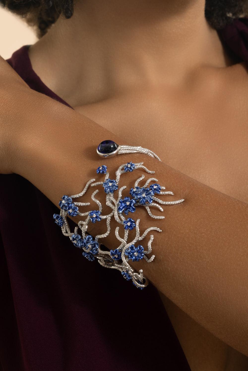Tanzanite Diamond Floral Annali Cuff Bracelet-WHITE GOLD-JEWELRYFINE JEWELBRACELET O-NEHA DANI