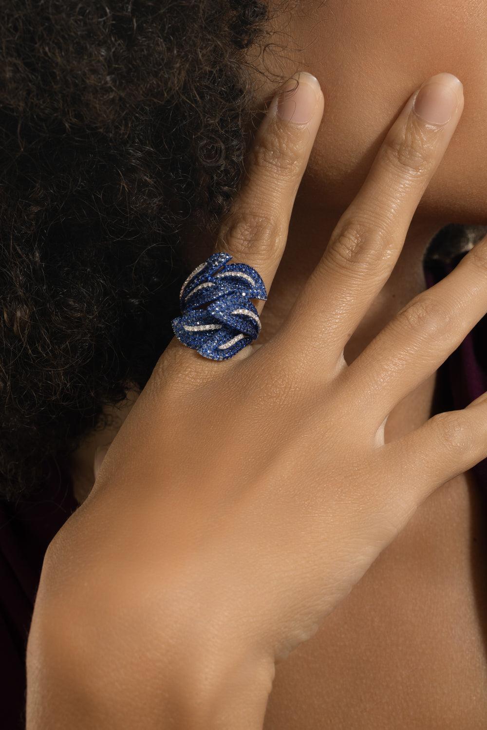 Blue Sapphire Diamond Leaf Ring-WHITE GOLD-7-JEWELRYFINE JEWELRING-STEFERE