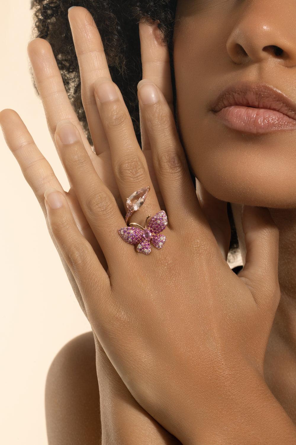 Pink Sapphire Butterfly Open Ring-YELLOW GOLD-7-JEWELRYFINE JEWELRING-STEFERE