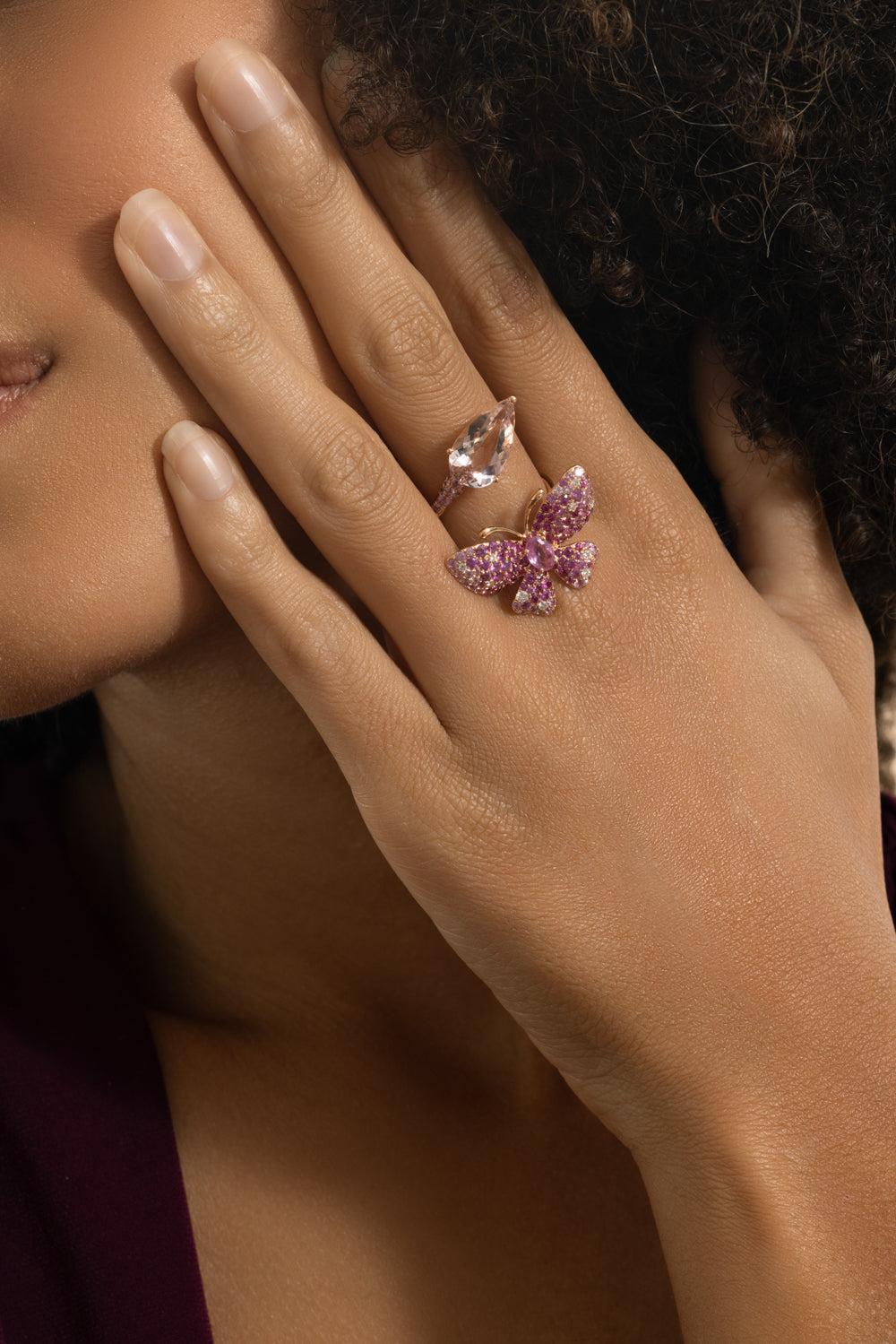 Pink Sapphire Butterfly Open Ring-YELLOW GOLD-7-JEWELRYFINE JEWELRING-STEFERE