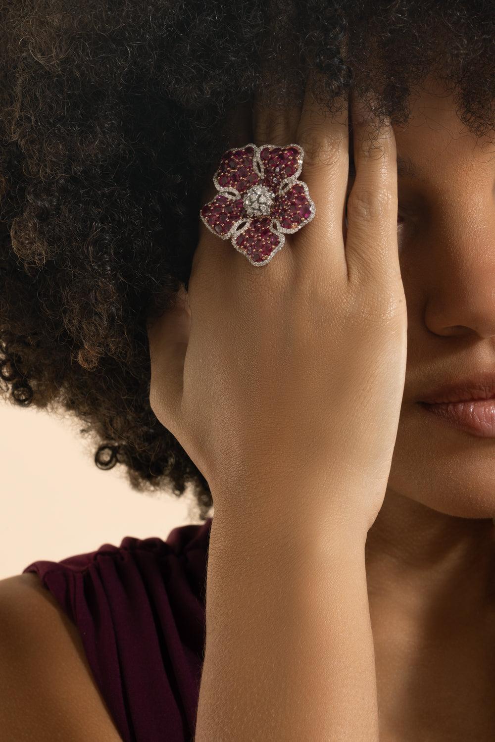 Ruby Diamond Flower Ring-ROSE GOLD-7-JEWELRYFINE JEWELRING-STEFERE